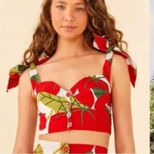 🍅🌿 RARE Farm Rio Tomato Print Linen and Viscose Crop Top